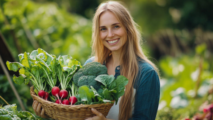 a woman gardener holding a basket filled with vegetables such as broccoli, radishes, and spinach she planted in the fall