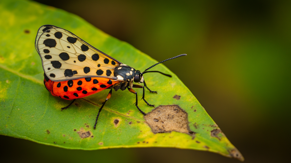 A spotted lanternfly sits on a green leaf. These insects may be pretty to look at, but they're a bad sign for farmers. 