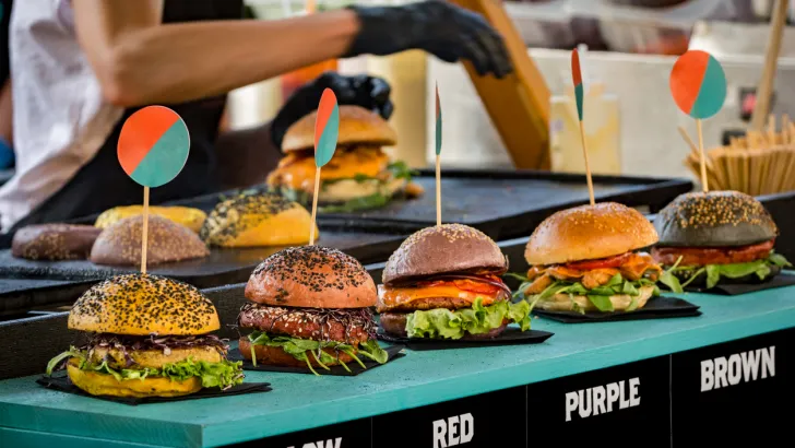 A row of tasty burgers on display at a November food festival.