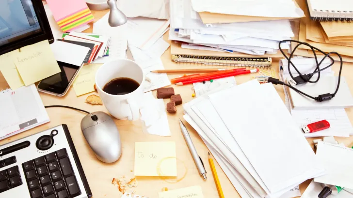 A cluttered desk covered in paperwork, coffee cups, and tools.