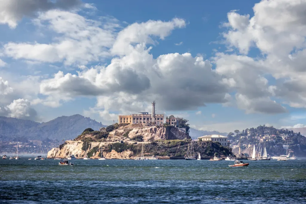 Alcatraz Island on a sunny day. This prison is one of the most famous and haunted in the country.