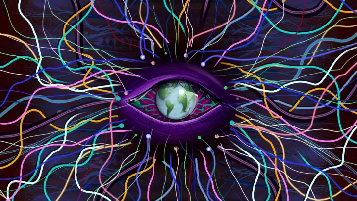 A neon eye with the Earth as the eyeball, surrounded by colorful tethers against a black background.