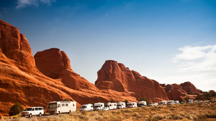 A traffic jam in Arches National Park illustrates why timed entry reservations are important.