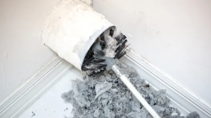 A grimy lint brush removes debris from a dryer vent.