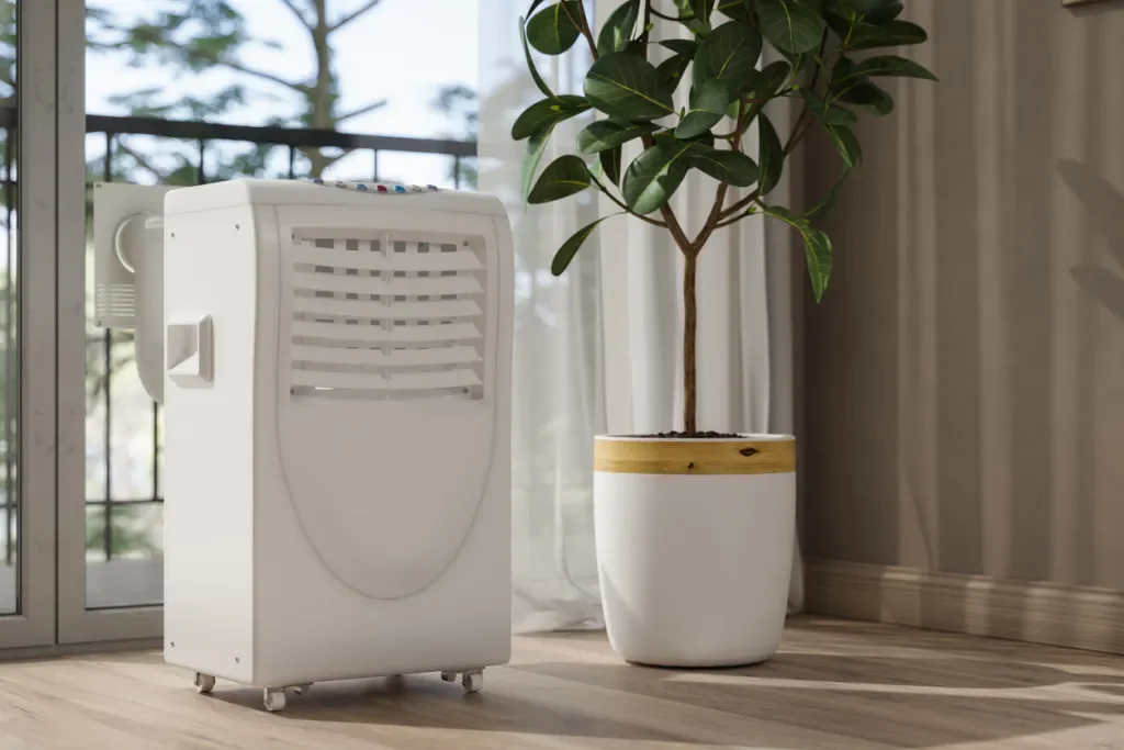 Image of a dehumidifier next to a potted plant in a well-lit room.